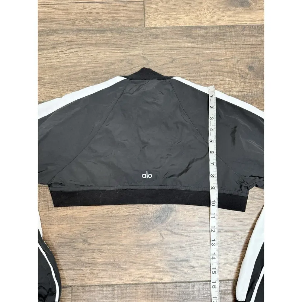 Alo Yoga Racetrack Shrug Black White Crop Jacket Zip Long Sleeve Sz XS